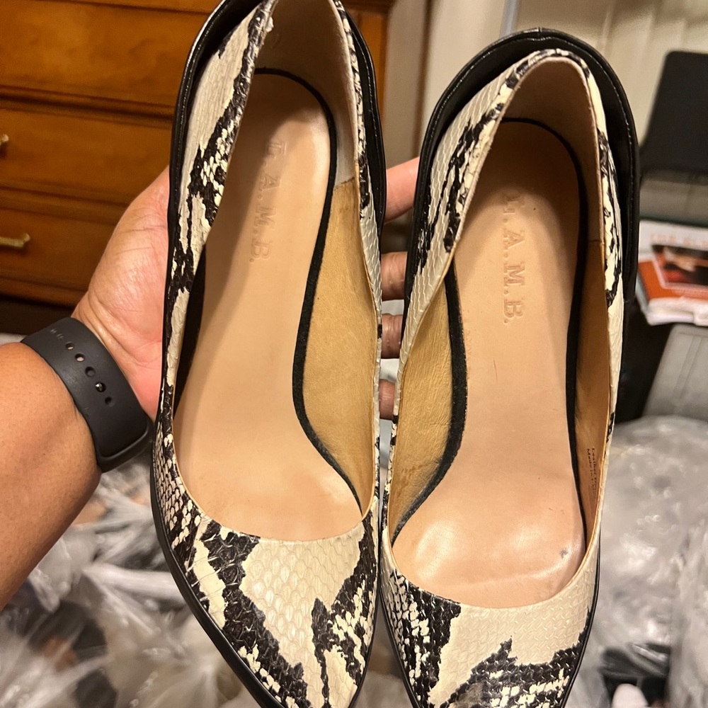 L.A.M.B. Black and Cream Snakeskin Heels